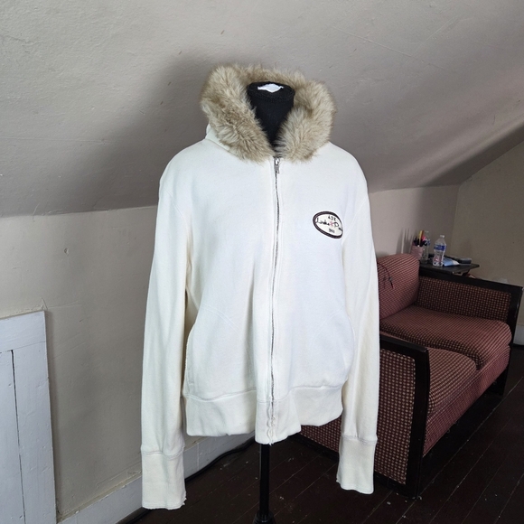 MVSport XL Cream Zip Hoodie with Faux Fur Lined Hood ADK Lake Placid Patch VTG - Picture 6 of 12